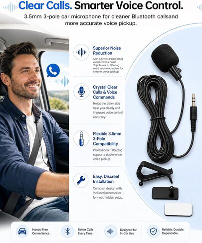 Car Microphone 3.5mm TRS External Mic for Bluetooth Car Stereo, Hands-Free Microphone for Android Head Unit, GPS Radio & DVD Player, Plug and Play with 3M Cable, Clip & Adhesive Mount in Saudi Arabia