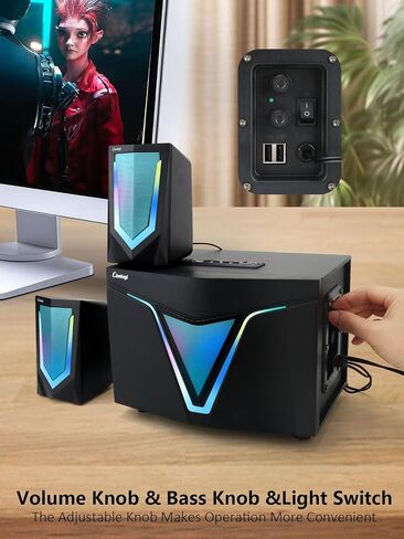2.1 USB-Powered Computer Speaker with Subwoofer,PC Speakers with subwoofer-Dual 4.7'' mid-Treble Full-Range Satellites for PC,Speaker with Dynamic RGB,Up to 16W, 3.5mm Inputs in Kuwait