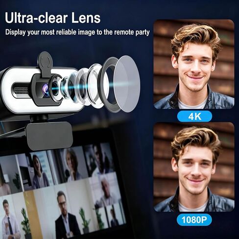 4K Webcam for PC, USB Webcam with Light, Microphone and Privacy Cover, HD Web Camera for Desktop Computer Laptop Monitor, Adjustable Brightness, 1pc Organizer in Kuwait