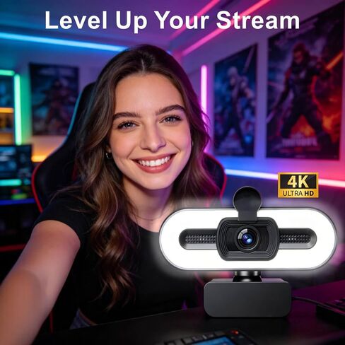 4K Webcam for PC, USB Webcam with Light, Microphone and Privacy Cover, HD Web Camera for Desktop Computer Laptop Monitor, Adjustable Brightness, 1pc Organizer in Kuwait