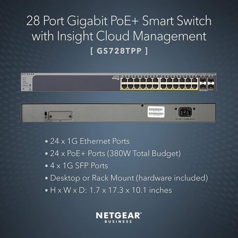 NETGEAR 28-Port PoE Gigabit Ethernet Smart Switch (GS728TPP) - Managed, Optional Insight Cloud Management, 24 x PoE+ @ 380W, 4 x 1G SFP, Desktop or Rackmount, and Limited Lifetime Protection in Kuwait