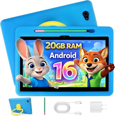 2026 Upgraded Android 16 Kids Tablet, 10 inch Tablet for Kids with 20GB RAM 64GB ROM 1TB Expand, 6000 mAh Battery, Parental Control, UKIDOZ Kids Space, Widevine L1 HD, Protective Case Pen（Blue） in Kuwait