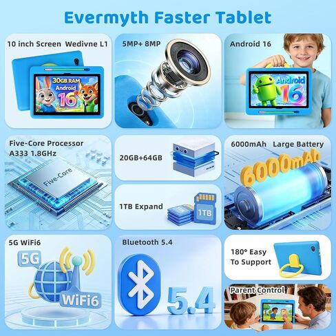2026 Upgraded Android 16 Kids Tablet, 10 inch Tablet for Kids with 20GB RAM 64GB ROM 1TB Expand, 6000 mAh Battery, Parental Control, UKIDOZ Kids Space, Widevine L1 HD, Protective Case Pen（Blue） in Kuwait