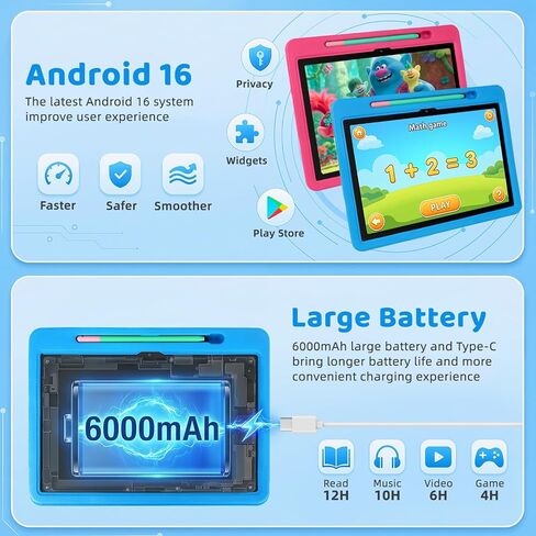 2026 Upgraded Android 16 Kids Tablet, 10 inch Tablet for Kids with 20GB RAM 64GB ROM 1TB Expand, 6000 mAh Battery, Parental Control, UKIDOZ Kids Space, Widevine L1 HD, Protective Case Pen（Blue） in Kuwait