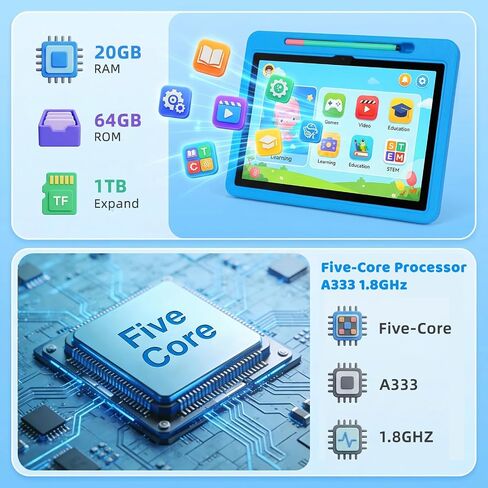 2026 Upgraded Android 16 Kids Tablet, 10 inch Tablet for Kids with 20GB RAM 64GB ROM 1TB Expand, 6000 mAh Battery, Parental Control, UKIDOZ Kids Space, Widevine L1 HD, Protective Case Pen（Blue） in Kuwait