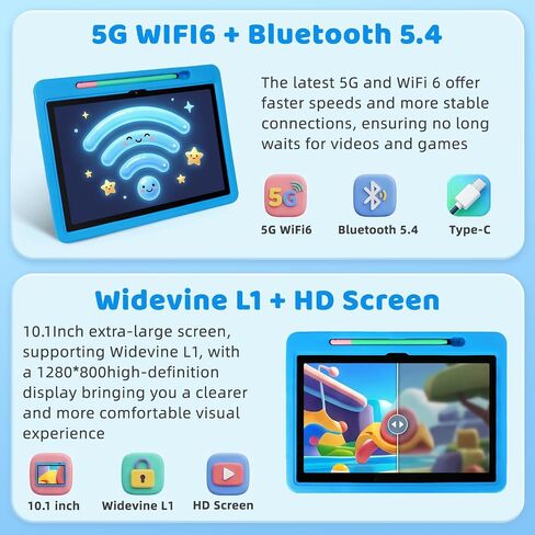2026 Upgraded Android 16 Kids Tablet, 10 inch Tablet for Kids with 20GB RAM 64GB ROM 1TB Expand, 6000 mAh Battery, Parental Control, UKIDOZ Kids Space, Widevine L1 HD, Protective Case Pen（Blue） in Kuwait