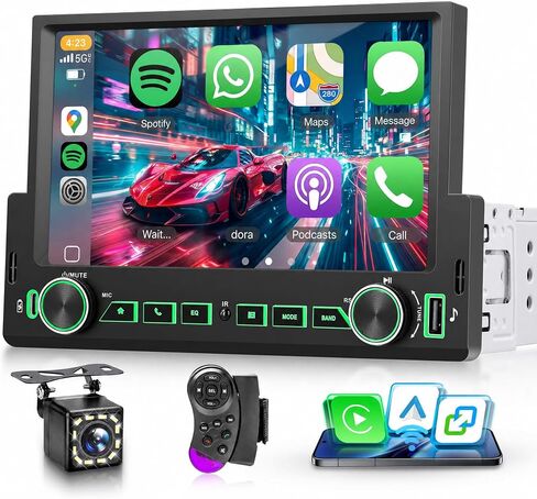7 inch Single Din Car Stereo with Wireless CarPlay Android Auto, Car Radio with Bluetooth 5.2 Mirror Link, Single Din Carplay Radio Touch Screen with Backup Camera Steering Wheel Control FM EQ in Kuwait