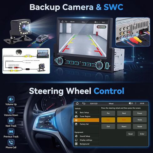 7 inch Single Din Car Stereo with Wireless CarPlay Android Auto, Car Radio with Bluetooth 5.2 Mirror Link, Single Din Carplay Radio Touch Screen with Backup Camera Steering Wheel Control FM EQ in Kuwait