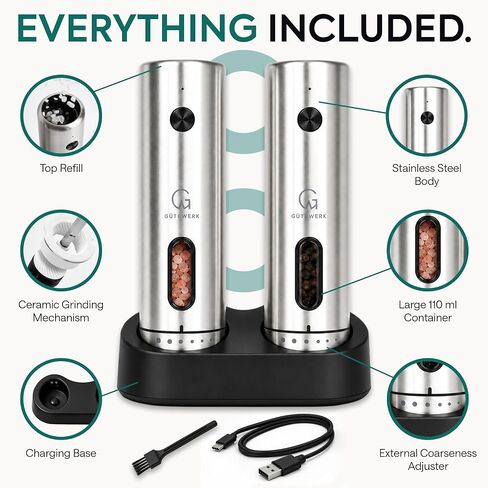 GÜTEWERK Electric Salt and Pepper Grinder Set, Rechargeable, Charging Dock in Kuwait