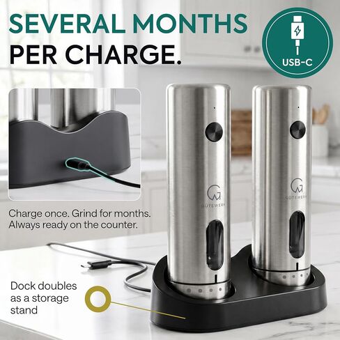 GÜTEWERK Electric Salt and Pepper Grinder Set, Rechargeable, Charging Dock in Kuwait