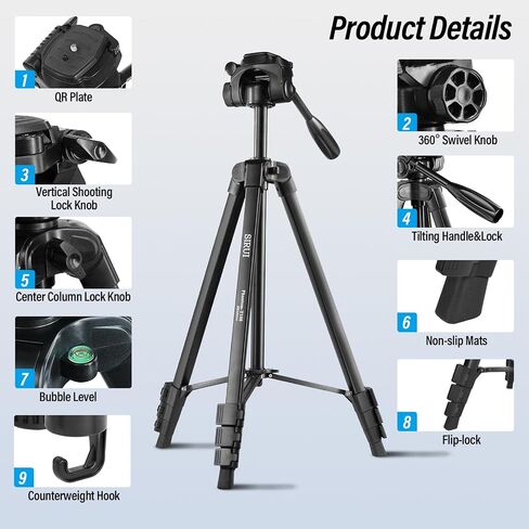 SIRUI Camera Tripod Stand, 70" Tall for Phone, Aluminum DSLR Tripod for Video Recording, Webcam, Telescope, Laser Level, Spotting Scope, Travel with Carry Bag in Kuwait