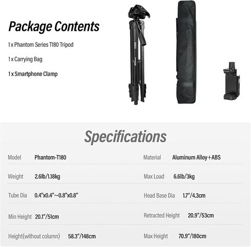 SIRUI Camera Tripod Stand, 70" Tall for Phone, Aluminum DSLR Tripod for Video Recording, Webcam, Telescope, Laser Level, Spotting Scope, Travel with Carry Bag in Kuwait