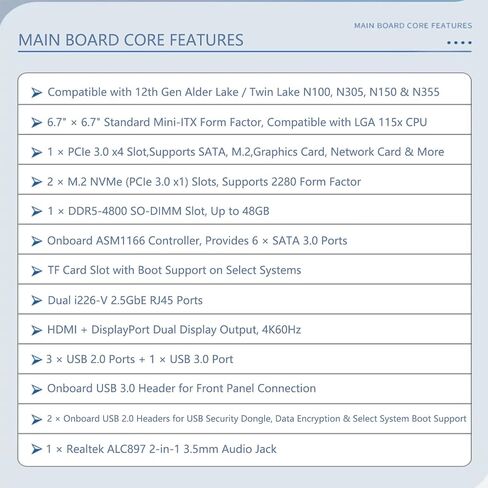 N150 Mini-ITX NAS Motherboard with Pre-Installed Low-Profile CPU Cooler, DDR5 6 SATA Dual 2.5GbE in Kuwait