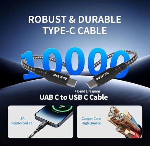 Extra Long 30 FT USB C to USB C Cable 60W, 480Mbps Data Transfer Type C Fast Charging Cord, Long Nylon Braided C to C Power Cable for iPhone 17 16 15, MacBook, iPad, Pixel, Samsung, Android in Kuwait
