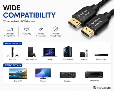 8K HDMI 2.1 Cable - Ultra High Speed 48Gbps - 4k 120Hz - eARC (6.6 FT / 2M) in Saudi Arabia