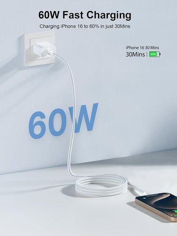 Aioneus USB C to USB C Cable 60W 6FT C to C Cable Fast Charging Cord for iPhone17 USB Type C Charger Braided USBC to USBC Charging Cable for iPhone 16 Pro Max 15Plus, MacBook, iPad, Samsung S25 S24 in Saudi Arabia