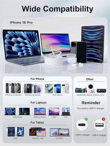 Aioneus USB C to USB C Cable 60W 6FT C to C Cable Fast Charging Cord for iPhone17 USB Type C Charger Braided USBC to USBC Charging Cable for iPhone 16 Pro Max 15Plus, MacBook, iPad, Samsung S25 S24 in Saudi Arabia