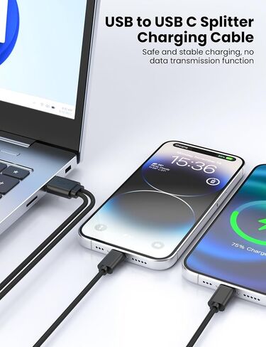 1.5FT 2Pack USB C Splitter Adapter, 2 in1 USB A Male to Dual Type C Male Port Power Charging Splitter (Only for Charging, Not Transmit Data) for Smartphone/watch,Mini Fan,Bluetooth headset etc. in Saudi Arabia