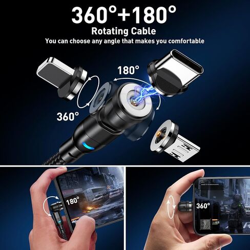 Magnetic Charging Cable 5-Pack (1.6/3.3/3.3/6.6/6.6FT), 540° Rotating Magnetic Phone Charger Cable with LED Light for Micro USB, USB C and i-Product Device in Kuwait
