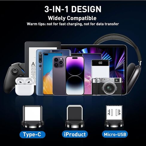 Magnetic Charging Cable 5-Pack (1.6/3.3/3.3/6.6/6.6FT), 540° Rotating Magnetic Phone Charger Cable with LED Light for Micro USB, USB C and i-Product Device in Kuwait