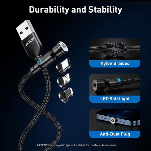 Magnetic Charging Cable 5-Pack (1.6/3.3/3.3/6.6/6.6FT), 540° Rotating Magnetic Phone Charger Cable with LED Light for Micro USB, USB C and i-Product Device in Kuwait