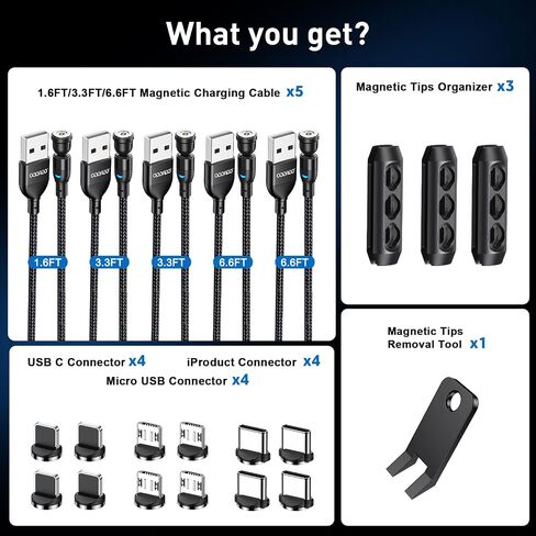 Magnetic Charging Cable 5-Pack (1.6/3.3/3.3/6.6/6.6FT), 540° Rotating Magnetic Phone Charger Cable with LED Light for Micro USB, USB C and i-Product Device in Kuwait