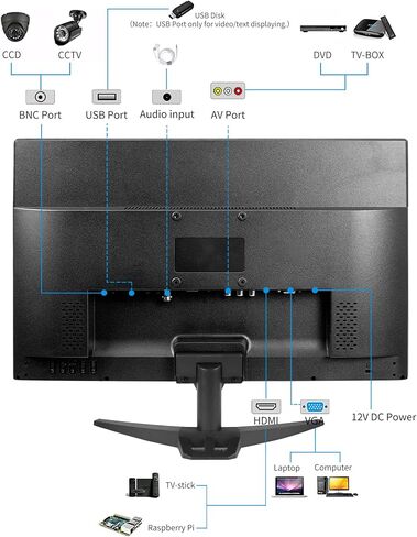 20" PC Monitor 16:9 1600x900 Kitchen Monitor LED Screen Display, 5Ms, 60 Hz, VESA Mountable, Build in Speaker, with VGA HDMI AV BNC USB for FireStick, Computer, Laptop in Kuwait