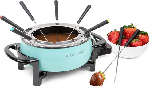 Nostalgia 12-Cup Electric Fondue Pot Set for Cheese & Chocolate - 8 Color-Coded Forks, Temperature Control - Stainless Steel Kitchen Gadgets and Appliances for Hors d'Oeuvres and More - Aqua in Kuwait