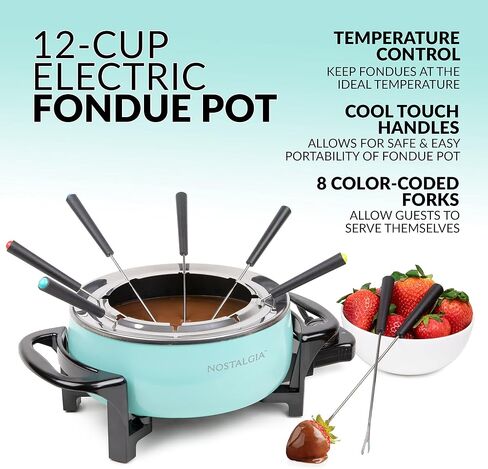 Nostalgia 12-Cup Electric Fondue Pot Set for Cheese & Chocolate - 8 Color-Coded Forks, Temperature Control - Stainless Steel Kitchen Gadgets and Appliances for Hors d'Oeuvres and More - Aqua in Kuwait