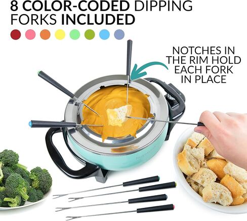 Nostalgia 12-Cup Electric Fondue Pot Set for Cheese & Chocolate - 8 Color-Coded Forks, Temperature Control - Stainless Steel Kitchen Gadgets and Appliances for Hors d'Oeuvres and More - Aqua in Kuwait