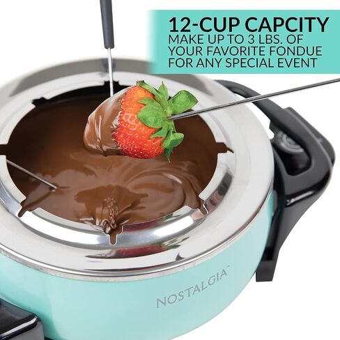 Nostalgia 12-Cup Electric Fondue Pot Set for Cheese & Chocolate - 8 Color-Coded Forks, Temperature Control - Stainless Steel Kitchen Gadgets and Appliances for Hors d'Oeuvres and More - Aqua in Kuwait
