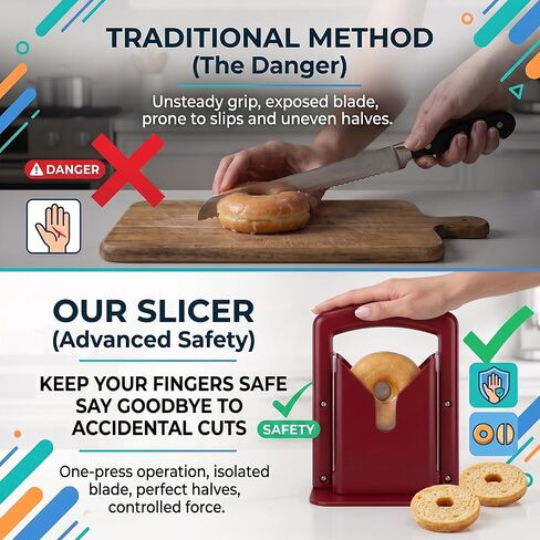 Slicer and Cutter with Safety Shield - Serrated Blade Cuts Bagels, Muffins, Buns and Rolls - Dishwasher Safe Bagel Guillotine, 9.25 Inches Tall, White (red) in Kuwait
