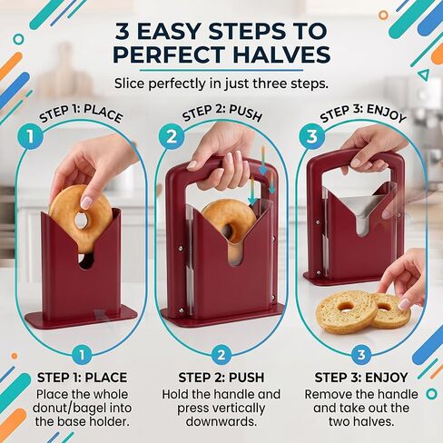 Slicer and Cutter with Safety Shield - Serrated Blade Cuts Bagels, Muffins, Buns and Rolls - Dishwasher Safe Bagel Guillotine, 9.25 Inches Tall, White (red) in Kuwait