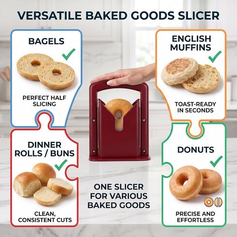 Slicer and Cutter with Safety Shield - Serrated Blade Cuts Bagels, Muffins, Buns and Rolls - Dishwasher Safe Bagel Guillotine, 9.25 Inches Tall, White (red) in Kuwait