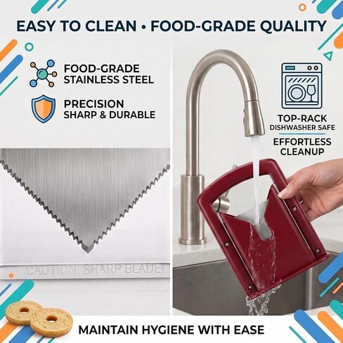Slicer and Cutter with Safety Shield - Serrated Blade Cuts Bagels, Muffins, Buns and Rolls - Dishwasher Safe Bagel Guillotine, 9.25 Inches Tall, White (red) in Kuwait