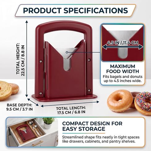 Slicer and Cutter with Safety Shield - Serrated Blade Cuts Bagels, Muffins, Buns and Rolls - Dishwasher Safe Bagel Guillotine, 9.25 Inches Tall, White (red) in Kuwait