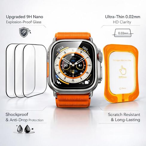 Mizi 3 Pack Tempered Glass Compatible with Apple Watch Ultra 3 (2025)/Ultra 2/Ultra 49mm, Screen Protector with Auto-Alignment Installation Frame, HD Clear, Anti-Scratch, Bubble-Free, Touch Sensitive in Kuwait