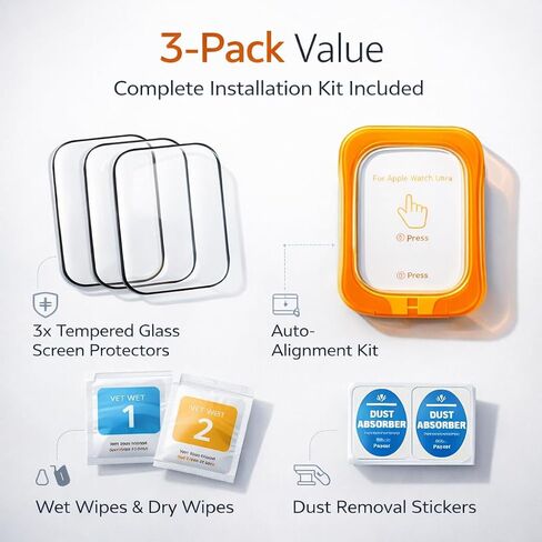 Mizi 3 Pack Tempered Glass Compatible with Apple Watch Ultra 3 (2025)/Ultra 2/Ultra 49mm, Screen Protector with Auto-Alignment Installation Frame, HD Clear, Anti-Scratch, Bubble-Free, Touch Sensitive in Kuwait