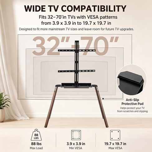 Easel TV Stand 32-70 Inch, 4-Leg Wood Stand with Shelf in Kuwait