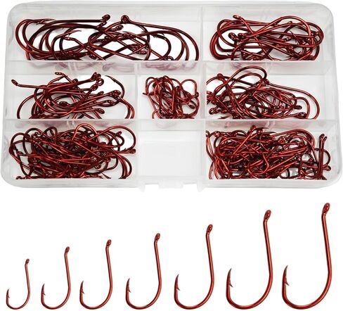 175pcs Red Octopus Fishing Hooks- High Carbon Steel Offset Circle Hooks - #2 to 6/0 Sharp Barbed Catfish Hooks for Saltwater and Freshwater - Ideal for Catfish, Bass, Snapper, Walleye in Kuwait