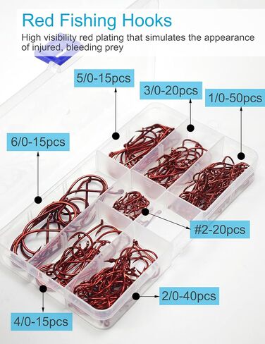 175pcs Red Octopus Fishing Hooks- High Carbon Steel Offset Circle Hooks - #2 to 6/0 Sharp Barbed Catfish Hooks for Saltwater and Freshwater - Ideal for Catfish, Bass, Snapper, Walleye in Kuwait