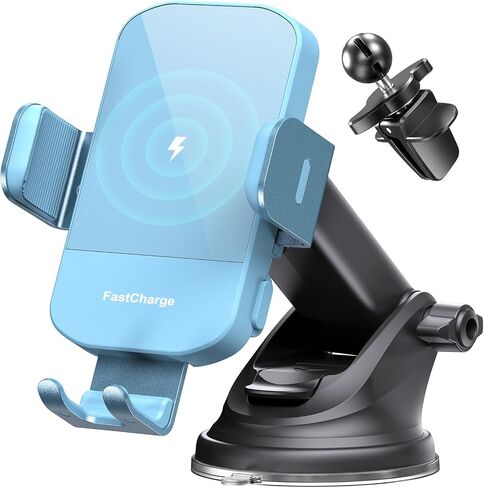 Wireless Car Charger, 15W Fast Charging Auto Clamping Car Charger Phone Mount Phone Holder fit for iPhone 15 14 13 12 11 Pro Max Xs, Samsung Galaxy S24 Ultra S23 S22 S21, S20, S10+, Cyan in Kuwait