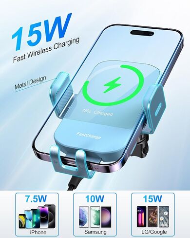 Wireless Car Charger, 15W Fast Charging Auto Clamping Car Charger Phone Mount Phone Holder fit for iPhone 15 14 13 12 11 Pro Max Xs, Samsung Galaxy S24 Ultra S23 S22 S21, S20, S10+, Cyan in Kuwait