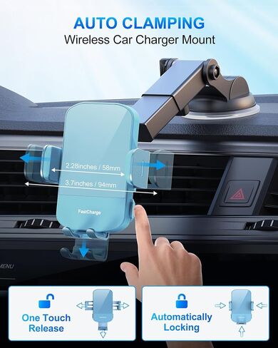 Wireless Car Charger, 15W Fast Charging Auto Clamping Car Charger Phone Mount Phone Holder fit for iPhone 15 14 13 12 11 Pro Max Xs, Samsung Galaxy S24 Ultra S23 S22 S21, S20, S10+, Cyan in Kuwait