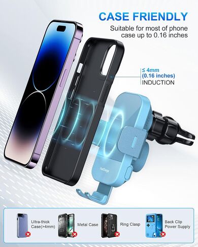 Wireless Car Charger, 15W Fast Charging Auto Clamping Car Charger Phone Mount Phone Holder fit for iPhone 15 14 13 12 11 Pro Max Xs, Samsung Galaxy S24 Ultra S23 S22 S21, S20, S10+, Cyan in Kuwait