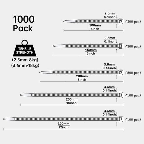 1000 Pcs Black Cable Zip Ties Assorted Sizes 4/6/8/10/12 Inch Heavy Duty Plastic Tie Wraps Mixed Pack Self Locking Nylon Wire Ties in Saudi Arabia