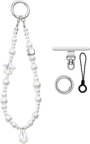 Handmade Pearl Phone Strap - Beaded Phone Charm Wrist Strap Lanyard with Tether Tab for Cellphone Camera Purse Bag, Pearl Decor Starfish Design in Saudi Arabia