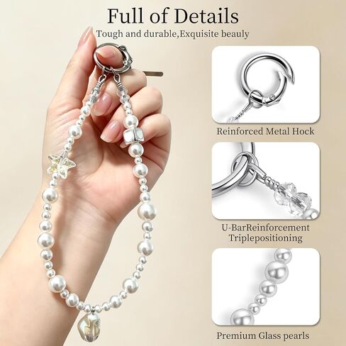 Handmade Pearl Phone Strap - Beaded Phone Charm Wrist Strap Lanyard with Tether Tab for Cellphone Camera Purse Bag, Pearl Decor Starfish Design in Saudi Arabia