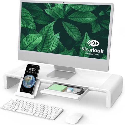 Monitor Stand Riser, Klearlook Foldable, Height Adjustable Computer Stand, Desk Shelf Riser with Storage Drawer &Tablet Phone Stand for Desktop, Laptop (White) in Saudi Arabia