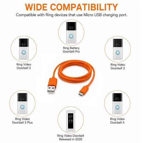 Micro USB Charger Cable Compatible with Ring Video Doorbell 2/3/3 Plus/4, Video Doorbell Released in 2020, Doorbell Pro/Plus, Camera Battery, USB A to Micro Charging Cord, 3.3ft Orange in Kuwait